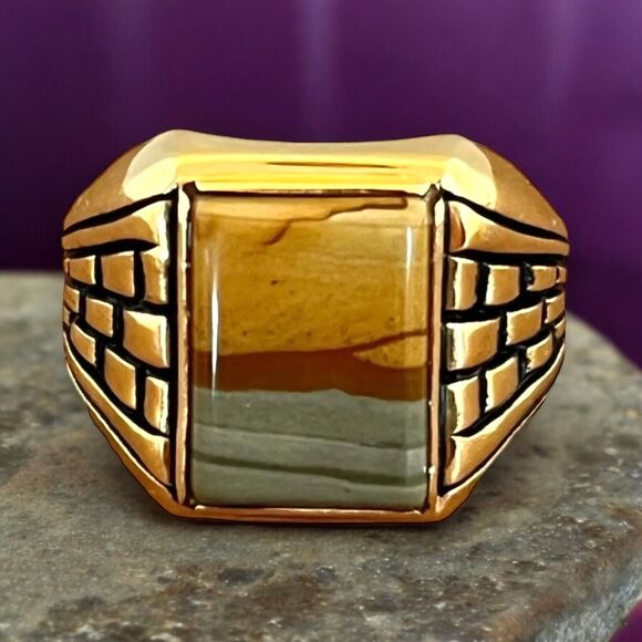 Vintage Clark and Coombs Ring Size 7 Jasper 18K Gold Plate Mid-Century MCM 14A - Picture 2 of 12